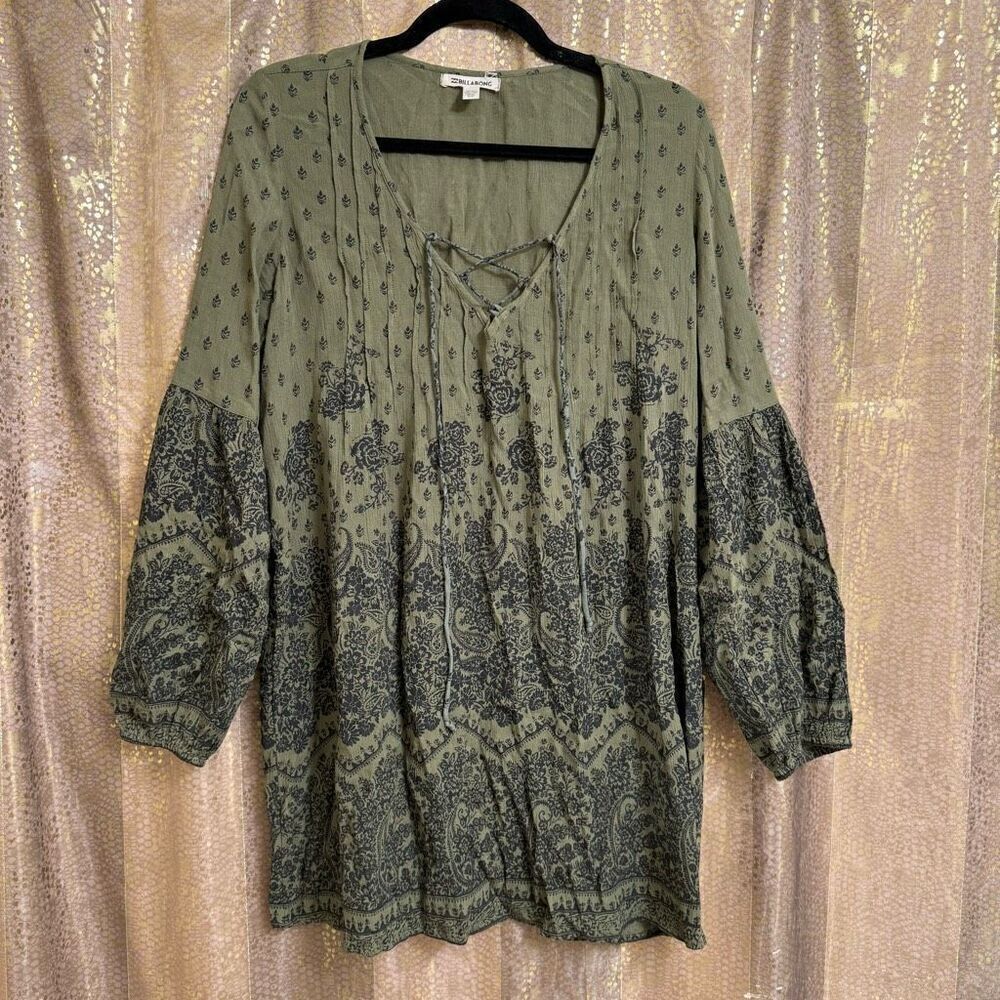 Billabong Olive Green Black Paisley Boho Tunic Mini Dress Small